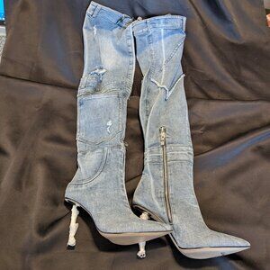Undafeeted NWT distressed denim over the knee stiletto boots size 6.5
